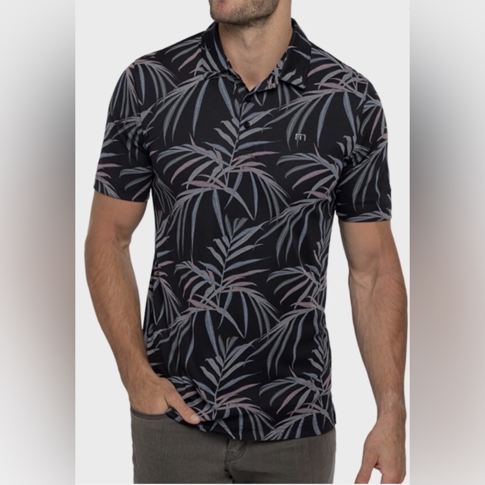 Travis Mathew Black and Gray Leaf Print Polo